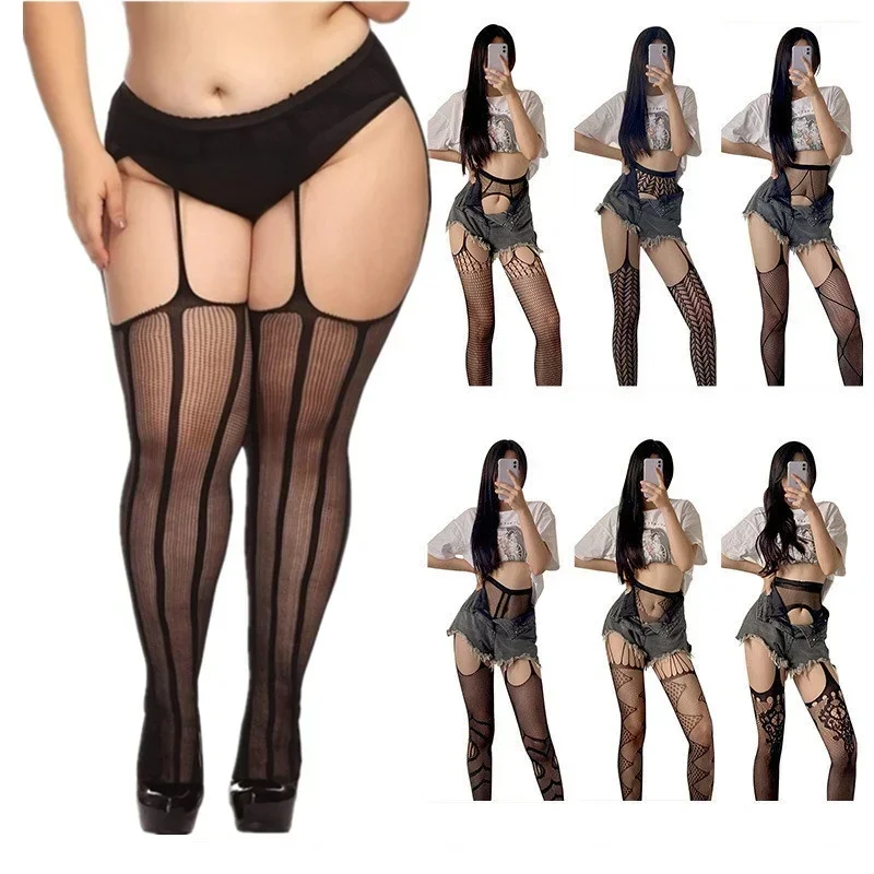 Stoking ukuran Plus wanita seksi hitam ukuran lebih dari lutut paha tinggi stoking jaring-jaring ukuran besar tembus pandang legging Pantyhose XXL