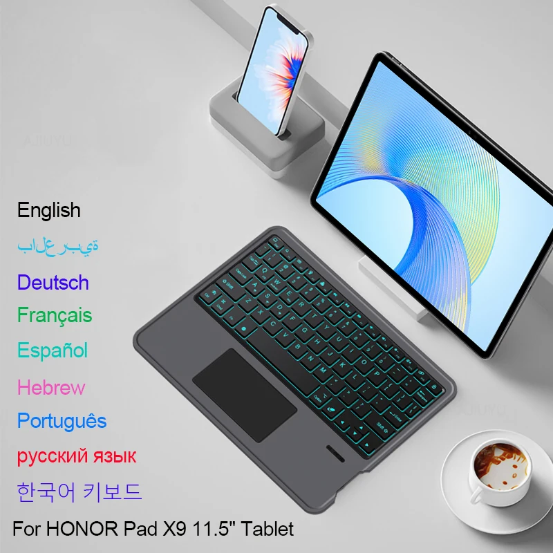 Wireless Bluetooth Backlit Keyboard Rechargeable Russian French Hebrew Spanish Portuguese For HONOR Pad 8 X9 11.5