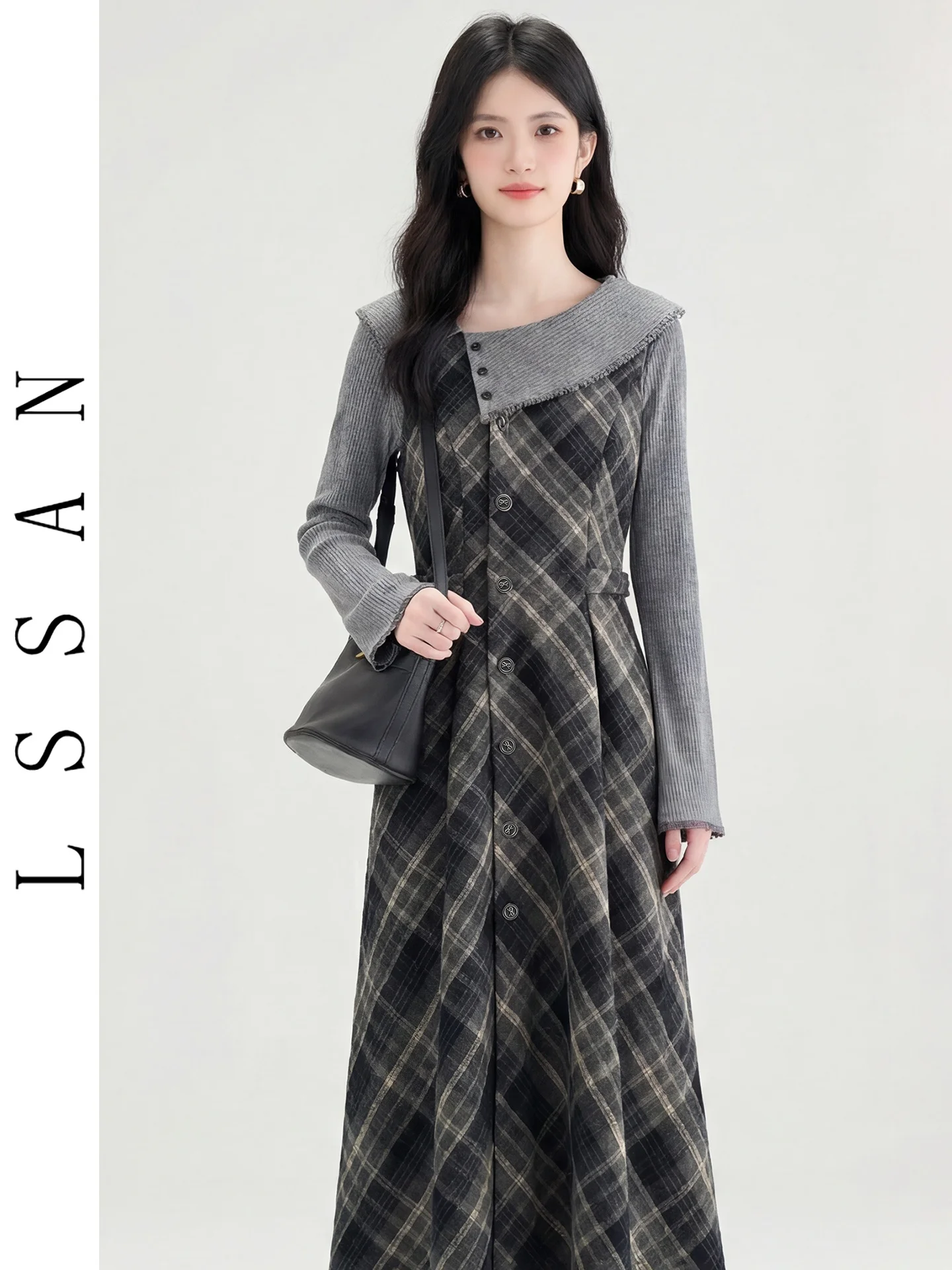 

Retro Plaid ter Dr Set Women's Autumn Winter High End Feeling Clete Set Long Sve round Ne Knitted Top And Skirt