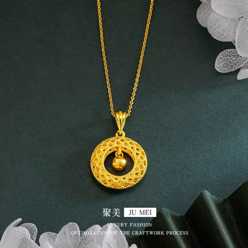 High quality 999 spiral bead safety buckle womens clavicle chain floral wire hollow round necklace 18K real gold jewelry