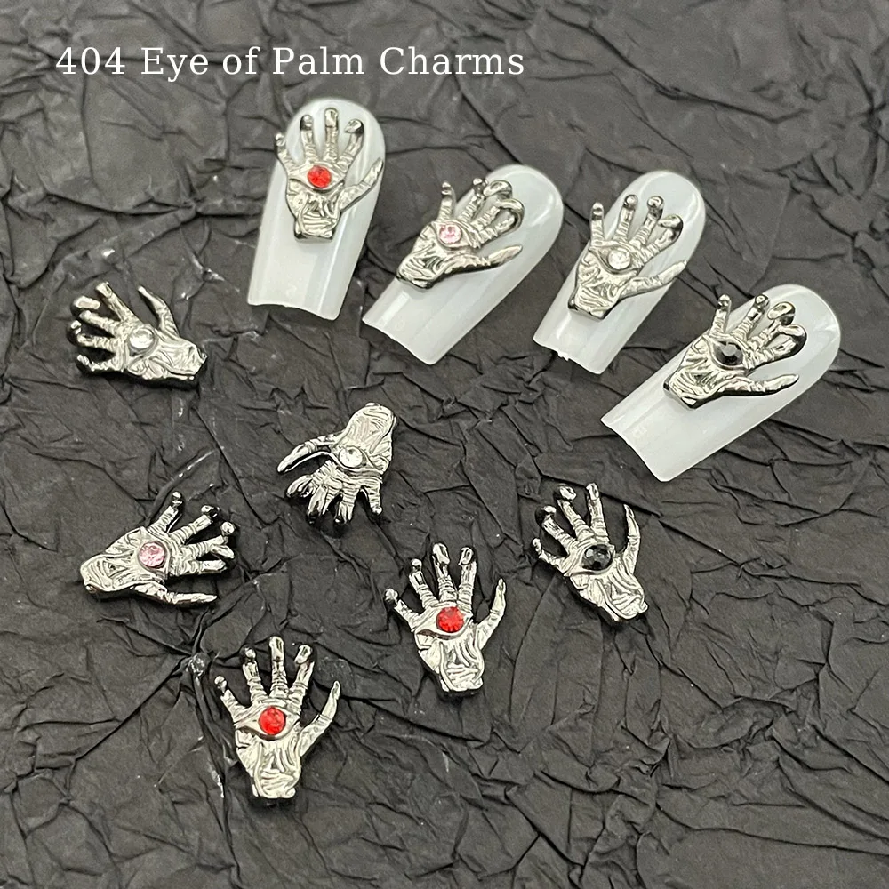 -Eye of Palm- Darkness Weird Design Charms Niche Punk Chrome Black Opening Eye in Claw Hand Metal Alloy Fright Nail Ornament 404