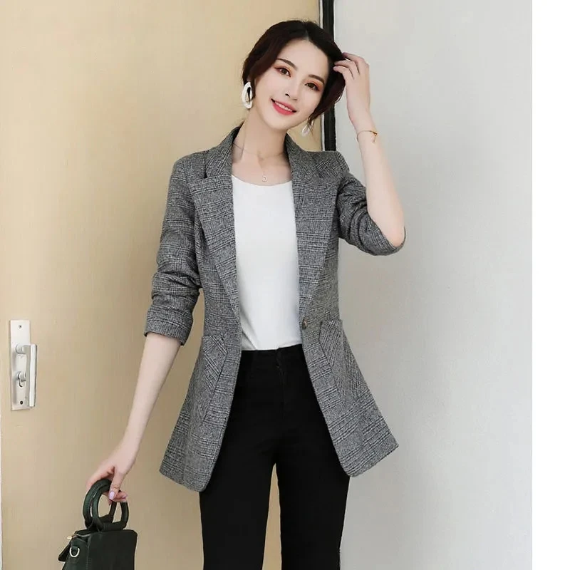 Autumn Winter Vintage Women Plaid Suit Woolen Jacket Ladies Slim Casual Wool Blazer Single Breasted Coat 2023 Oversized Women