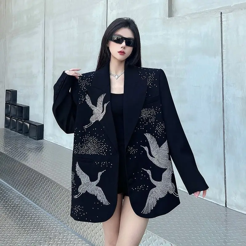 Insozkdg Black High end Hot Diamond Suit Jacket for Women Spring New Luxury Loose Casual Shoulder Padded Suit Blazers Women Top