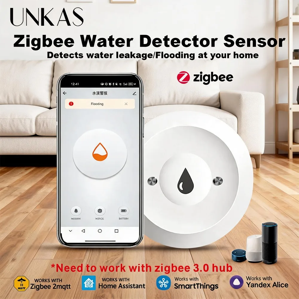 UNKAS Zigbee Tuya Smart Leak Detector Flood Sensor Overflow Detection Notification for Overflow Protection Kitchen Water Tank
