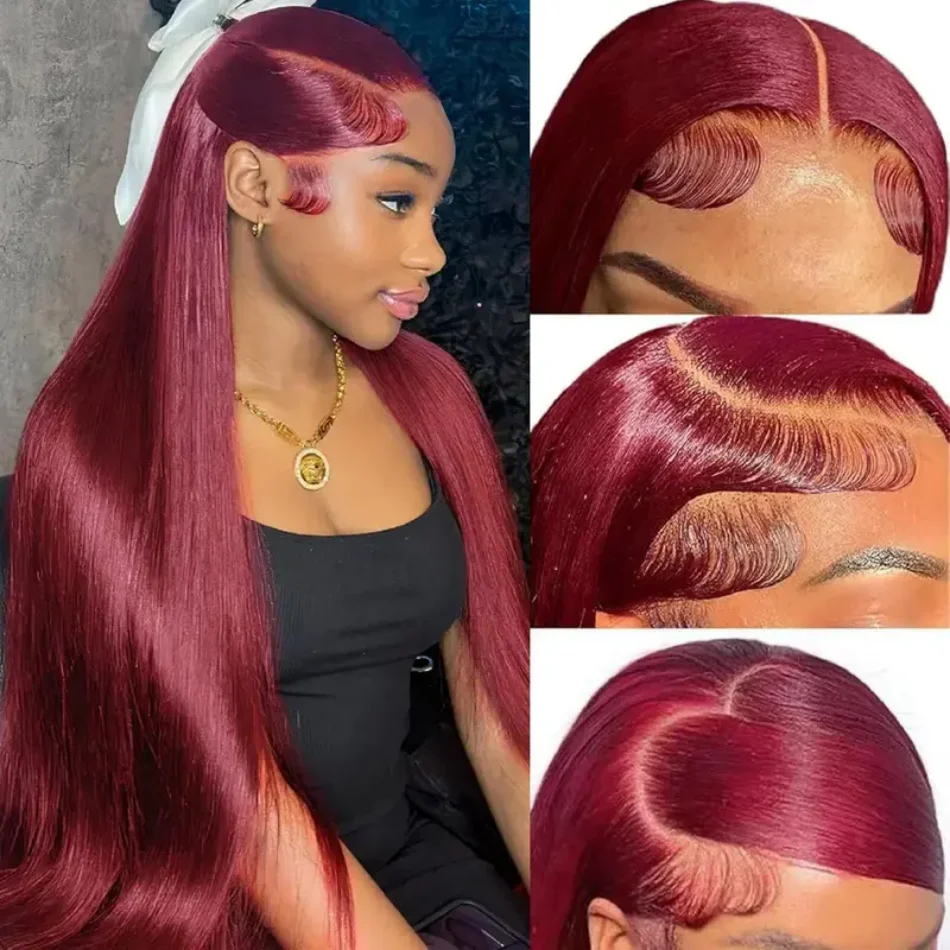 99j Burgundy Straight Wig Human Hair 13x6 Hd Transparent Pre-Cut Lace Frontal Wigs Reddish Brown Wear Go Human Hair Beginner Friendly Pre Cut Lace Brazilian Hair