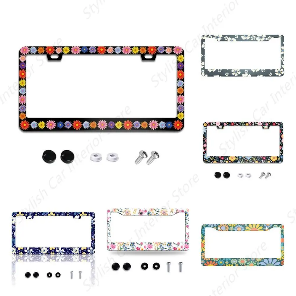 Colorful Flower Wreath License Plate Frame Floral License Plate Frames Aluminum Car Accessories Cover with 2 Holes and Screws