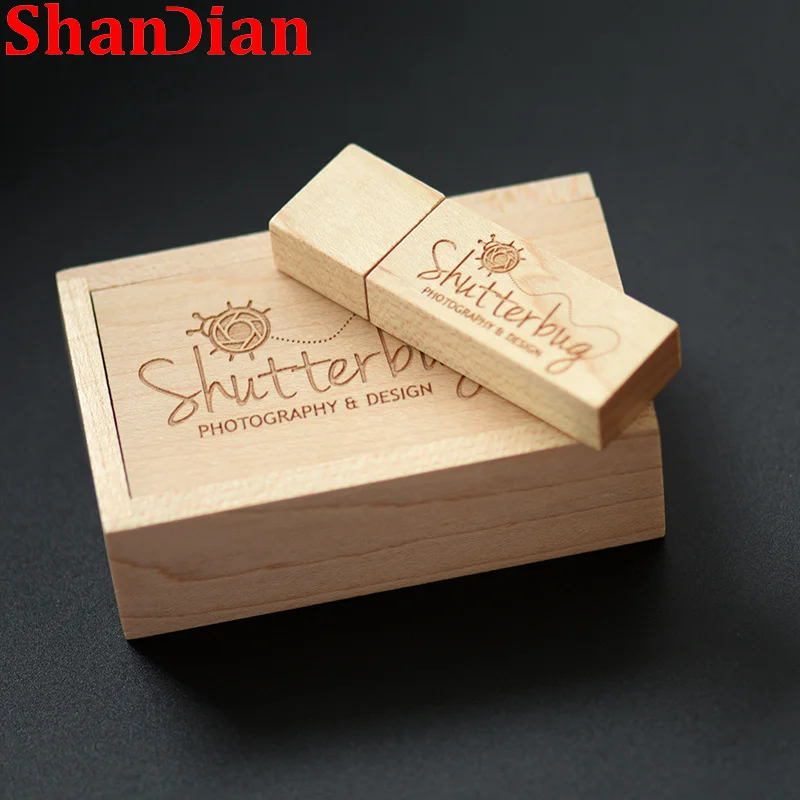 SHANDAIN PAY Photography Wooden USB 2.0 Flash Drive 32GB Pen Drives 64G Memory Stick 128GB Wedding Box Gifts free logo 10PCS/LOT