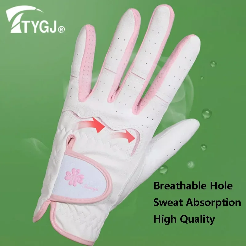 TTYGJ 1 Pair Women Sheepskin Leather Golf Gloves Ladies Breathable Full Finger Gloves Left Right Hand Sport Mittens Patchwork