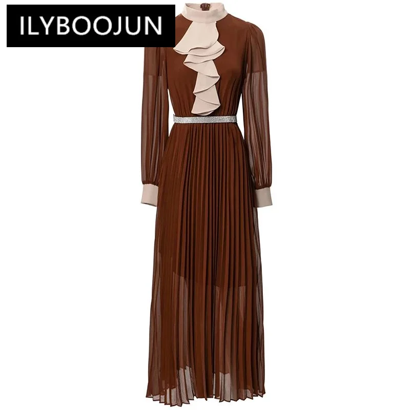 

ILYBOOJUN Fashion Designer Summer Dress Women's Stand Collar Lantern Sleeve Ruffles Sashes Vintage Party Pleated Long Dresses