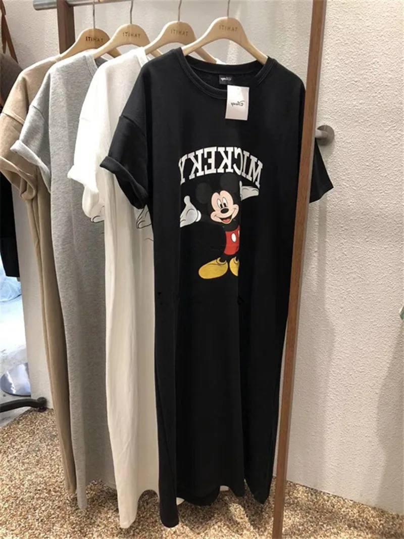 Brand Trend  Summer New Women Dress Mickey Mouse Cartoon Loose Short-sleeved Over-the-knee Long T-shirt Skirt Popular Korea