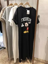 Marca tendencia novedad de verano vestido de mujer Mickey Mouse dibujos animados suelto de manga corta por encima de la rodilla Camiseta larga falda Popular Corea