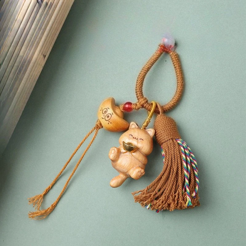 Cute Cat Ingot Shaped Pendant Decorated With Delicate Tassels Lovely Accessory For Phones And Keychains Handmade Wood Ornament