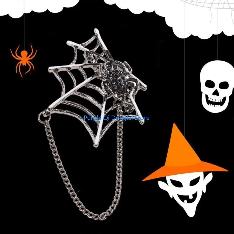 L21E Spiders Brooch Pin with Chain, Punk Spiders Net Lapel Pin Brooch for Women Men