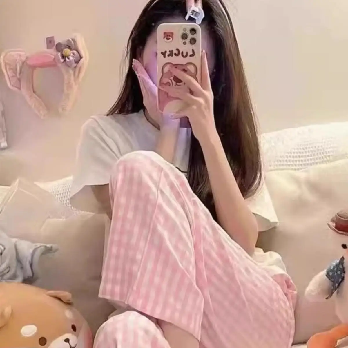 

Cotton Linen Wide Leg Plaid Pants Women's Summer Thin Home Clothes Loose Comfortable Nine Points Long Trousers