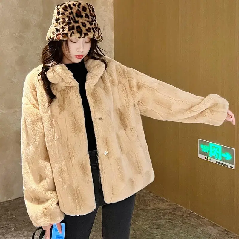 2023 Autumn Winter New Mink Fleece Fur Coat Women\'s Imitation Otter Rabbit Fur Eco Fur Ball Stand Collar Plush Coat Short