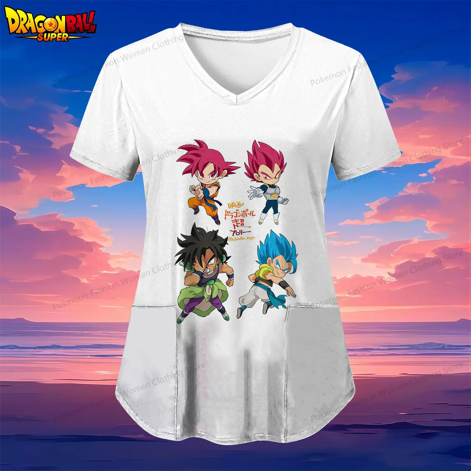 

Kakarotto Dragon Ball Women's V Neck Nurse Uniform T-Shirt Pocket Summer Short Sleeve Y2k Youthful Woman Clothes Street Wear Top