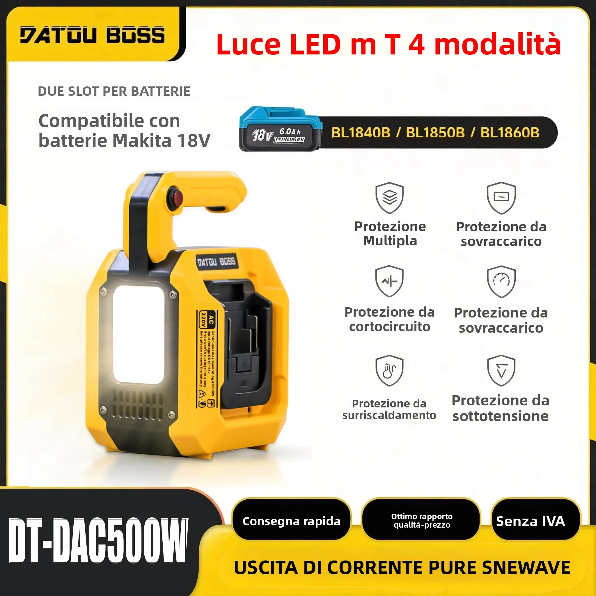 DATOUBOSS Inverter di Potenza a Onda Sinusoidale Pura 500W, Batteria 18V, Presa AC 220V, Ricarica Rapida PD Type-C, Stazione di Alimentazione Portatile con 1 Porta USB-A e 2 Porte USB-C, Luce LED 500