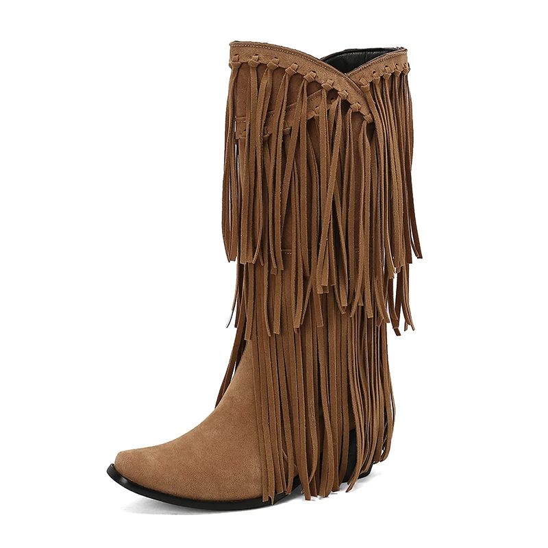 

Women's Cowboy Boots Layered Fringe Mid Calf Western Boots Flock Retro Chunky Heels Shoes 2024 Autumn Winter New Footwear