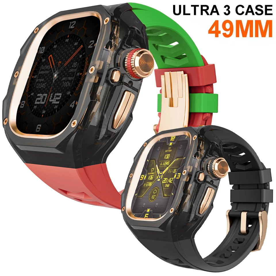 HOT Luxury Transparent Case for Apple Watch Ultra 3 2 1 49mm Mod Kit Stainless Steel Buckle Band iWatch 8 7 6 5 4 Modification