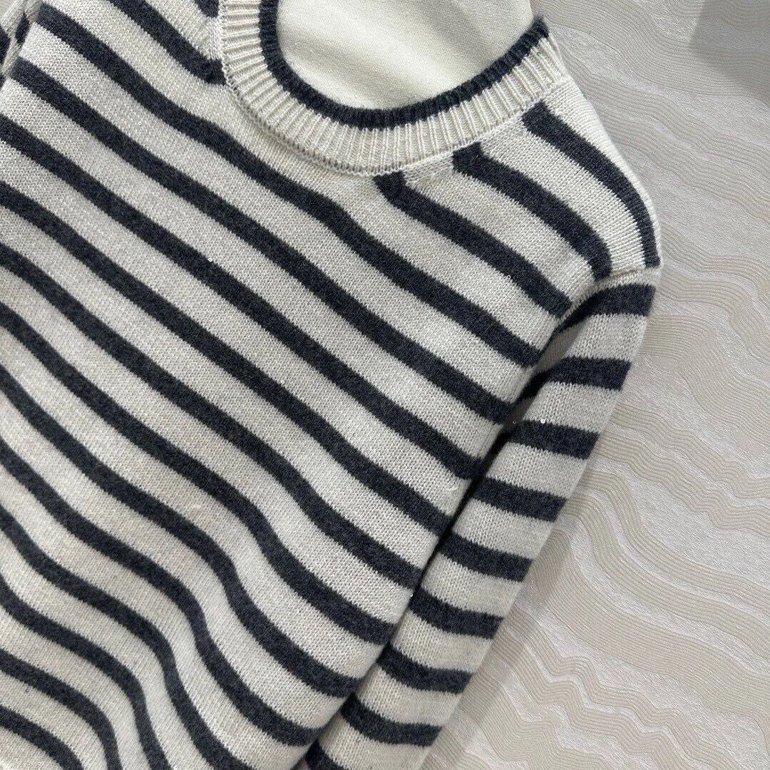 2024 New Autumn Fashion Luxury 100% Cashmere Knitted Pullover Women O-neck Long Sleeve Contrast Stripe Casual Loose Soft Sweater