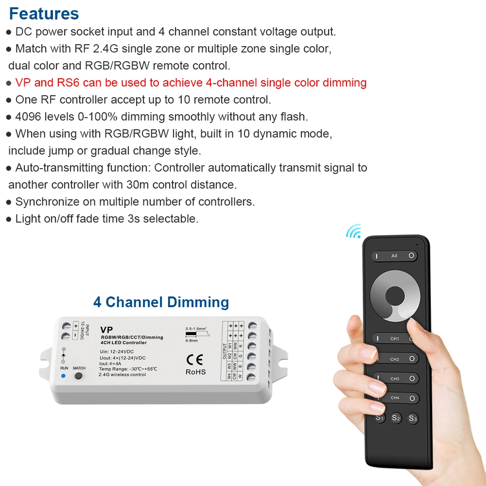 DC 24V 12V LED Dimmer 4 Channel 16A PWM 2.4G RF Wireless Remote RS6 Control Single Color LED Strip Lights 12 Volt Contoller VP