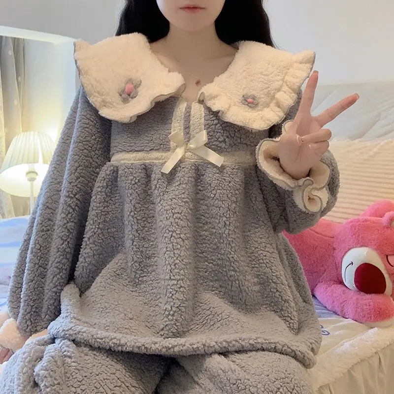 Korean Style Cute Pajamas Set for Woman Winter Warm Soft Sweet Doll Collar Pink Blue Sleepwear Girl Long Sleeve Homewear PJ Suit