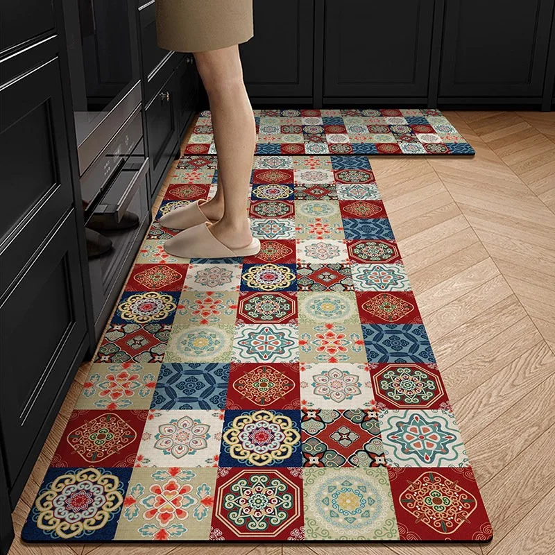 Kitchen Floor Mat Vintage Bohemian Carpet Non-slip Dirty Resistant Oil-proof PVC Leather Mats Anti-slip Rugs 카펫 Коврик Для Кухни