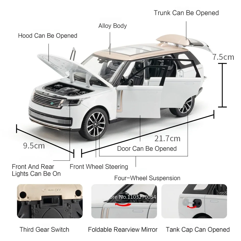 1/24 Land Rover Range Rover SV 2022 Car Model Toys Diecast Alloy SUV Doors Opened Sound Light Rubber Tire Vehicle Gifts for Kids
