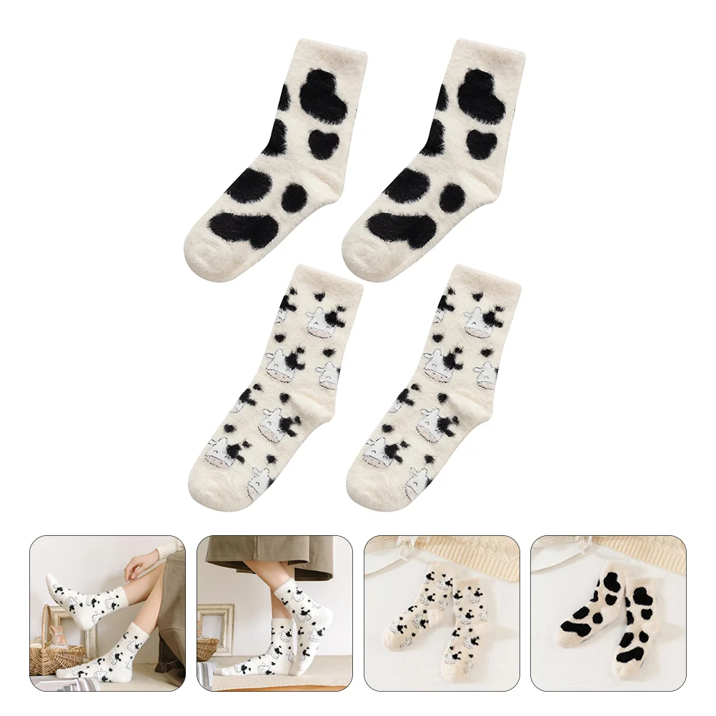 2 Pairs Cow Socks Thickened Plush Stocking Warm Furry Cows Winter Cotton Women's