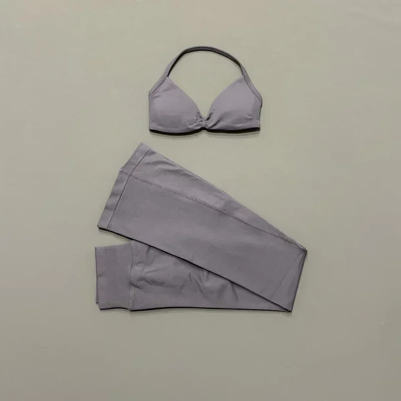 2-teiliges Nahtloses Neckholder-Sport-BH-Set mit Rückenausschnitt und Polsterung, Weiche Weitbeinige Hüftliftende Yoga-Hose, Figurbetontes Fitness-Workout-Set – Detail 19