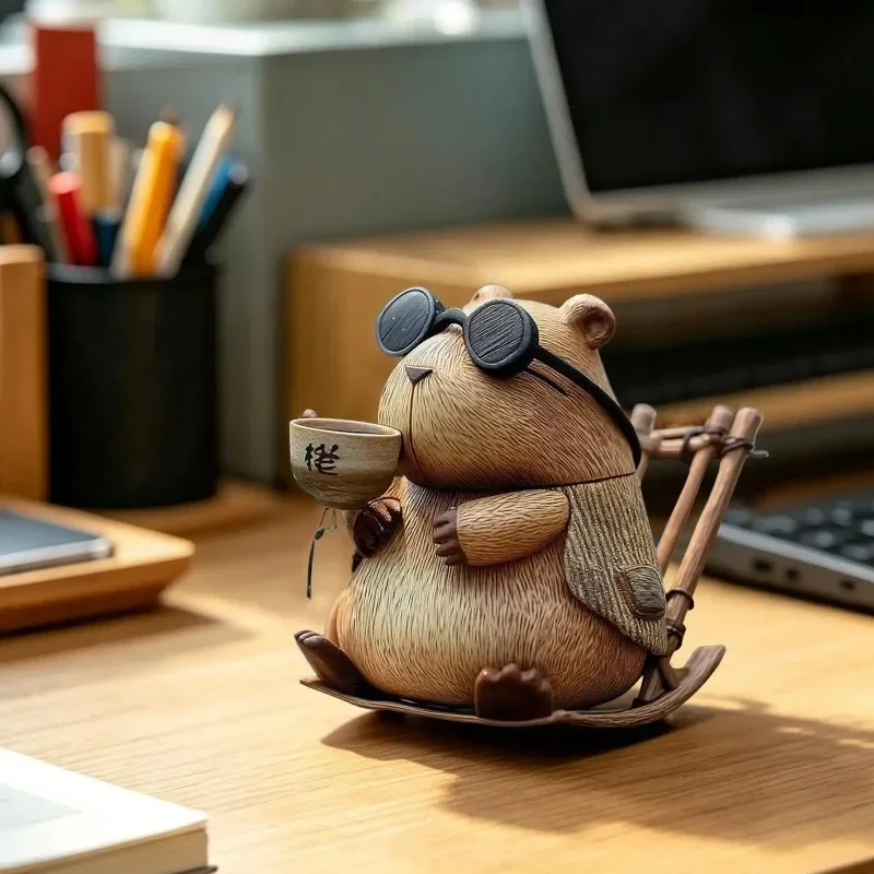 Capybara Resin Animals Funny Animal Statue Decor Capybara Drinking Tea Windowsill Figures for Home Indoor Bookshelf Windowsill
