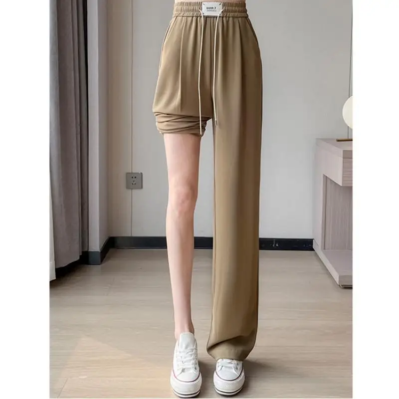 

2023 Fashion Full Length Women Spring Summer Suit Pants Chic Elegant High Waist Baggy Pants Casual Women's Drawstring Trousers