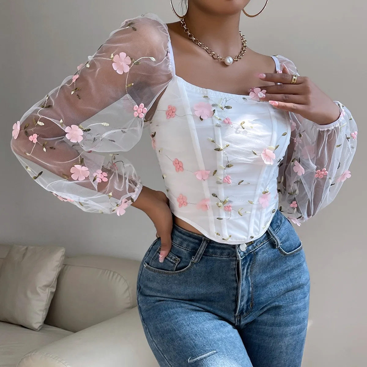 Woman clothing Sexy Mesh Long Sleeve Corset T-shirt Blouses See-through Embroidery Flowers Double Fishbone Top Corset Clothing