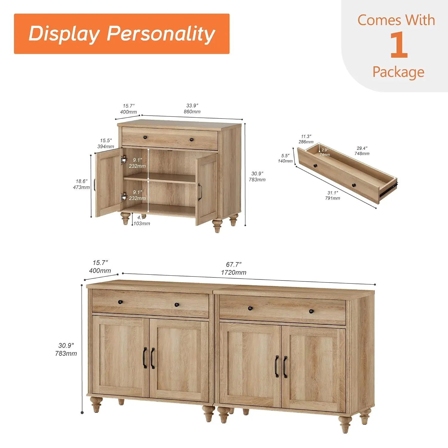 WAMAPT Buffet Cabinet with 4 Doors&2 Drawers, Large Wood Sideboard Table | Oak Coffee Bar Table 68 inch Kitchen, Customized