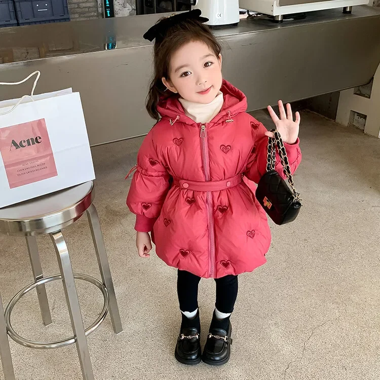 Girls' down jacket medium long winter coat 2024 new foreign style children's thickened winter waist hooded coat 90-140cm