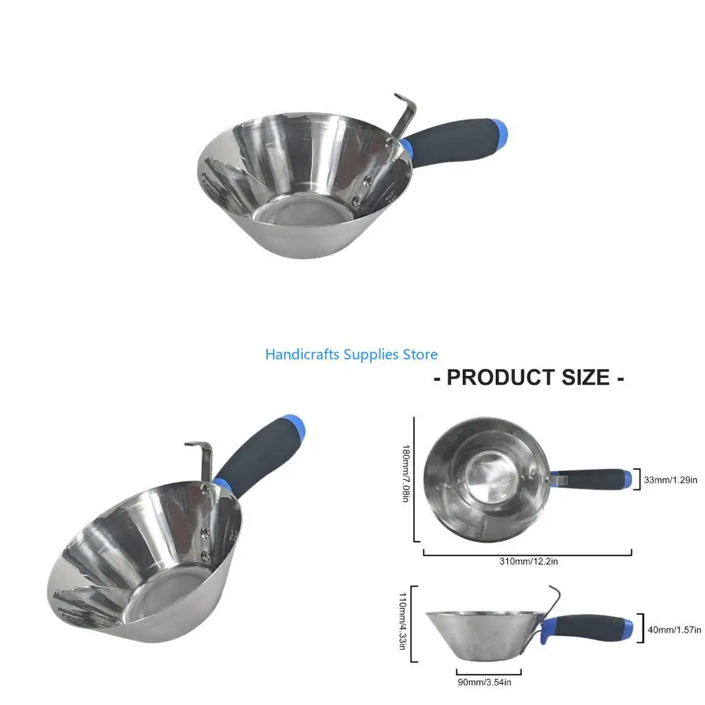 R1WA Large Capacity 18cm Mirror Polished Stainless Steel Cement Gypsum Plaster Container With Nonslip Grip And Storage Hook