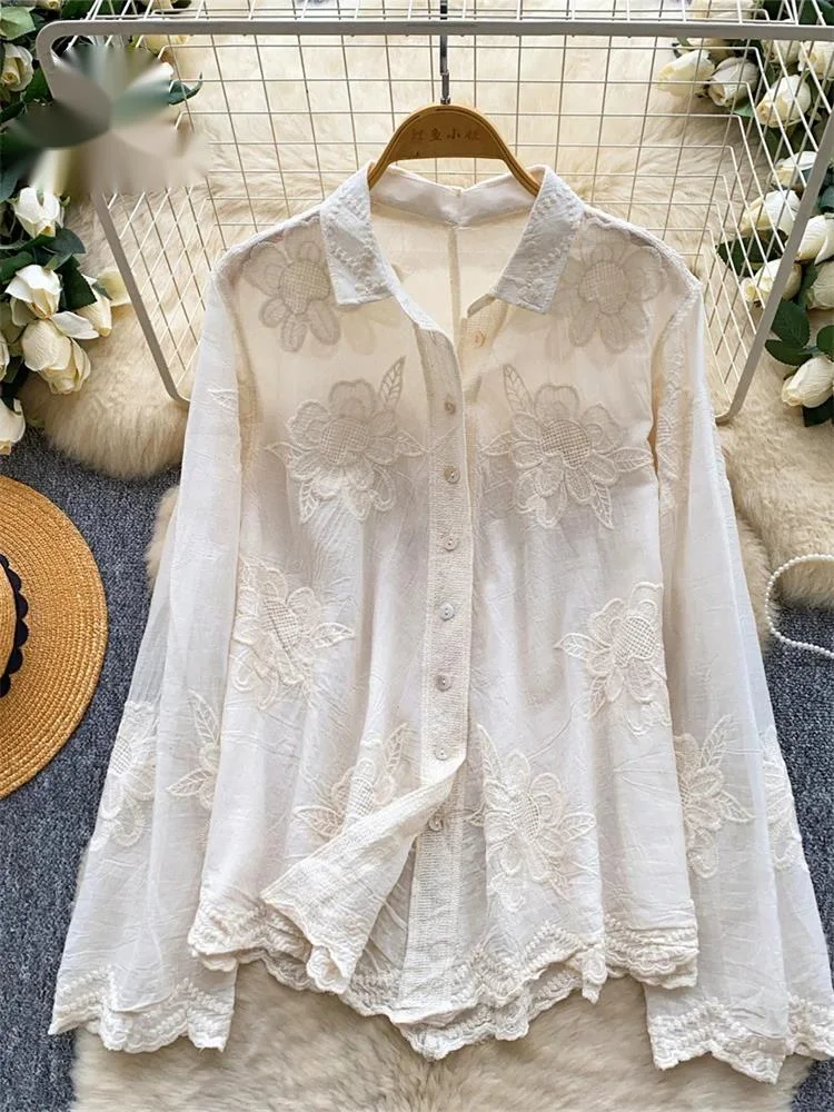 

Floral Embroidery Romantic Blouse Button Long Sleeve French Loose Chic Top Female Office Lady Senior Lace Casual Shirt