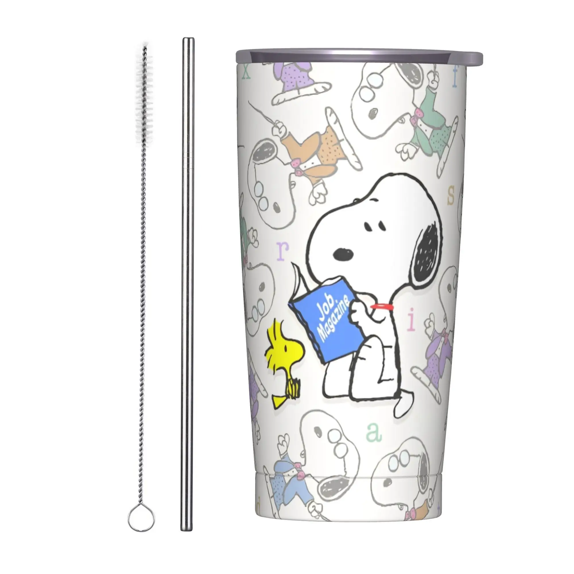 

Стакан Snoopy Cute Dogs Woodstock с соломой, стаканы из нержавеющей стали, кружка с двойными стенками, вакуумная изоляция для холода или горячего, 20 унций