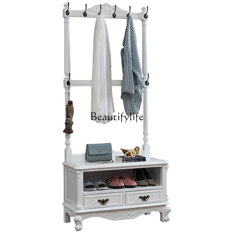 

12American solid wood hanger floor-to-ceiling European coat rack foyer shoe change stool hanger