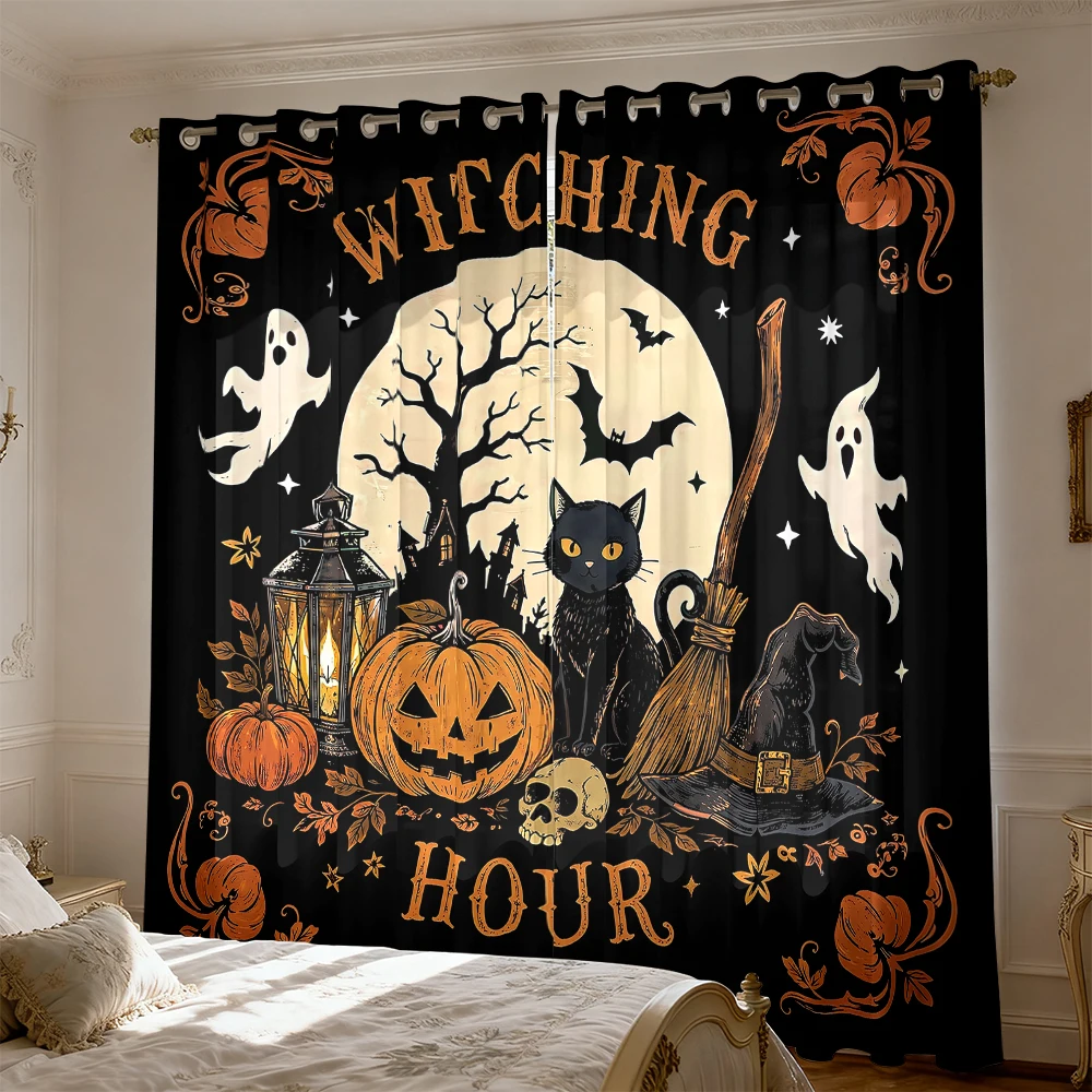 Halloween Witch Pumpkin 2Panels 90g Polyester Curtains Gothic Magic Spooky Drapes Black Cat Moon Holiday Home Decor