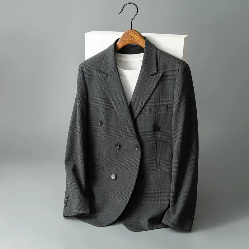 Men's Korean-style double-breasted checked business suit jacket, thick version of casual formal jacket, 2026 autumn-winter