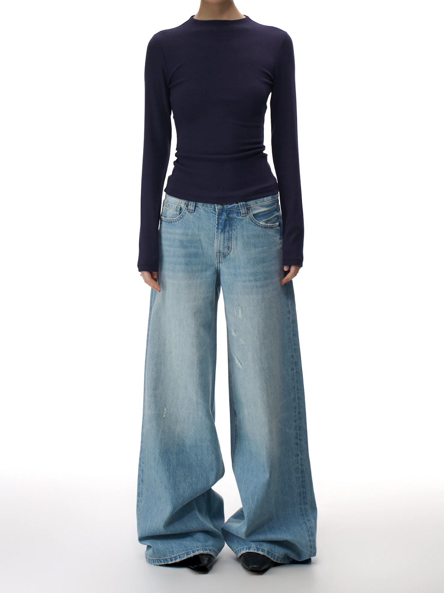 

Retro Waed Faded Design Silhouette Jeans Women Loose Slimming Casual Wide Leg Straight Long Pants Blue Cotton Denim