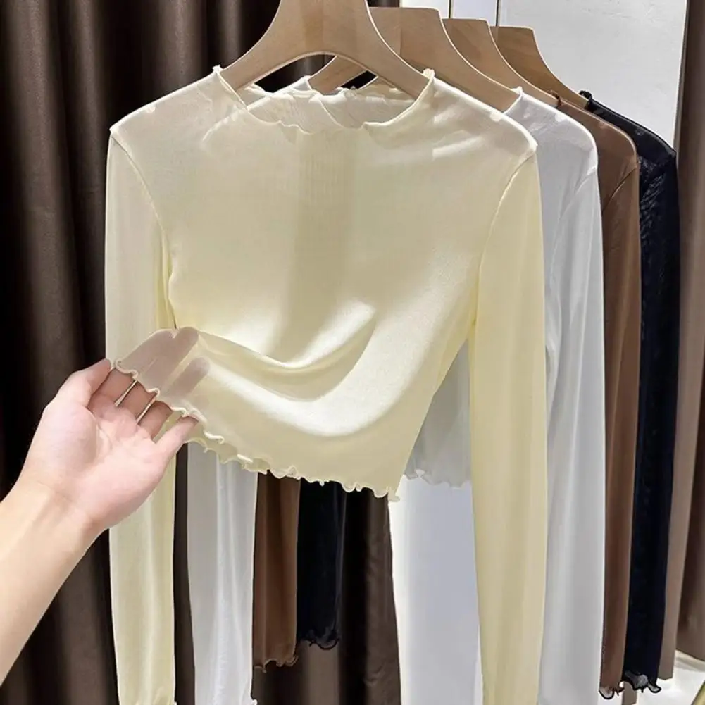 Atasan Dalam Pelindung Matahari Atasan Lengan Panjang Perspektif Jaring Musim Panas Wanita Bergaya untuk Perlindungan Matahari Pakaian Sehari-hari Leher Bulat