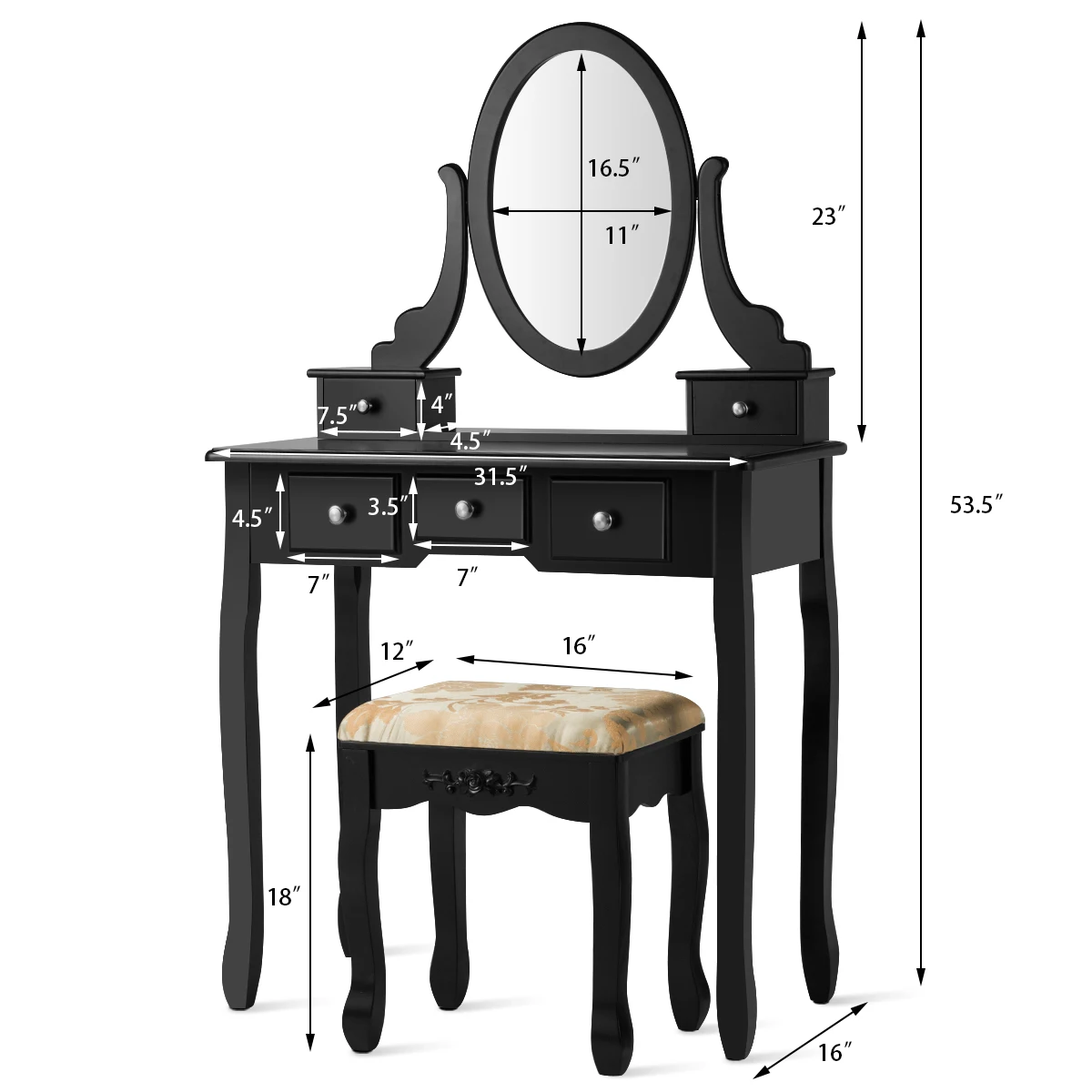 Vanity Table Set Dressing Table Set W/5 Drawer Make Up Table and Stool Set Black