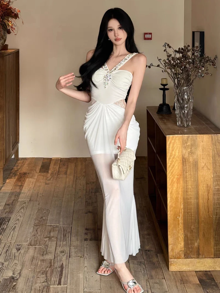 RORORIRI 쉬어 메쉬 스티치 레이스 다이아몬드 탱크 드레스 여성 오프 숄더 플리츠 슬림 Bodycon 인어 롱 드레스 섹시한 파티 의류