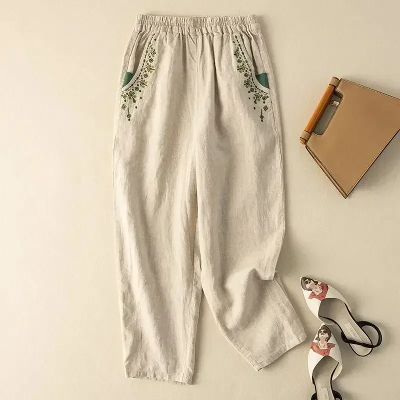 

2025 Beige Embroidery Linen Solid Casual Elastic High Waist Loose Wide Leg Women's Pants Ankle-Length Pants For Women Clothing