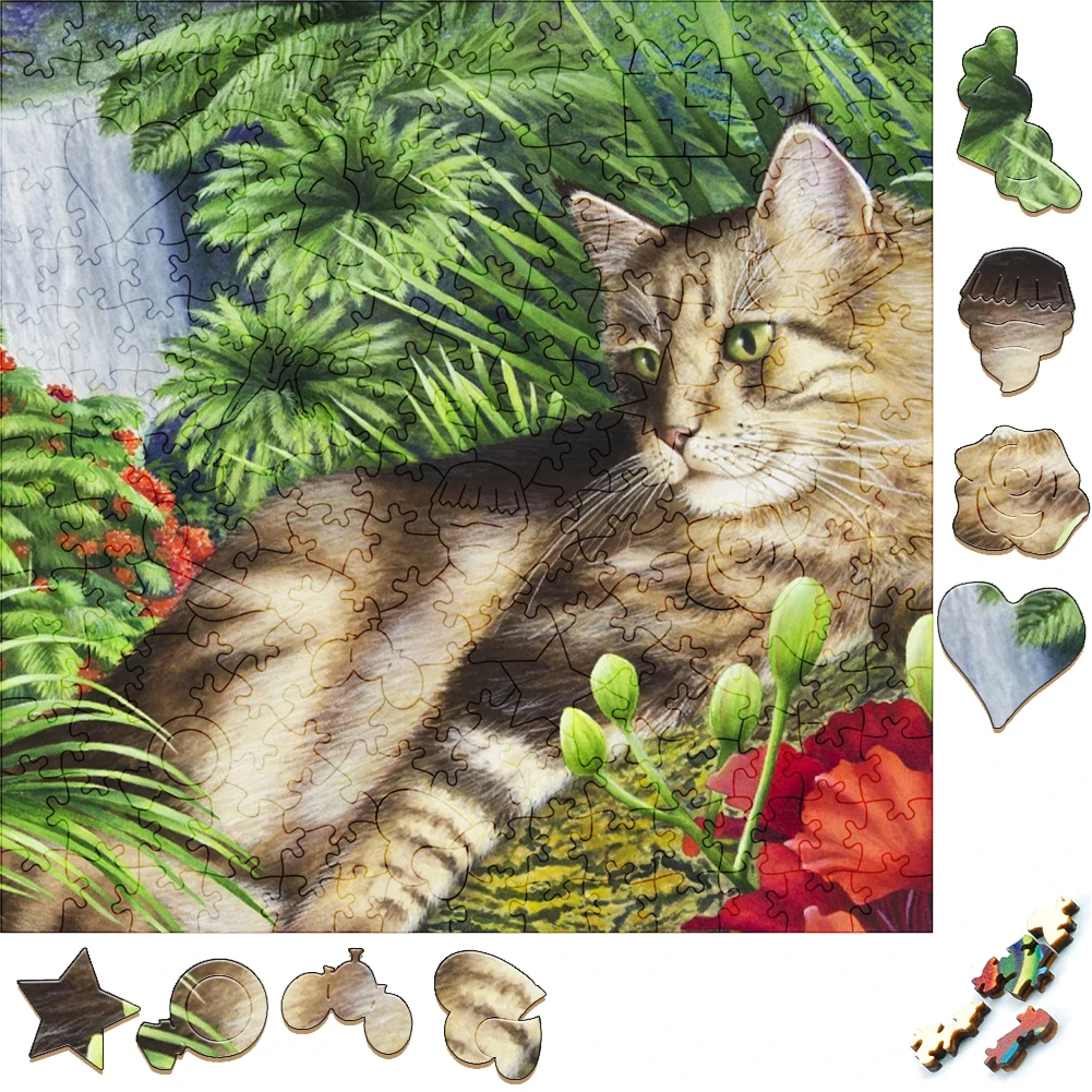 Unique Wooden Puzzles Cute Cat Wood Jigsaw Puzzle Craft Irregular Family Interactive Puzzle Gift for Kids Educational Toys