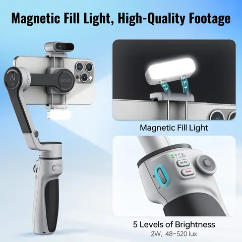 지윤 공식 CINEPEER CQ5 3축 폰 짐벌, 아이폰 16 안드로이드 스마트폰용 AI 얼굴 추적 및 보조광 탑재