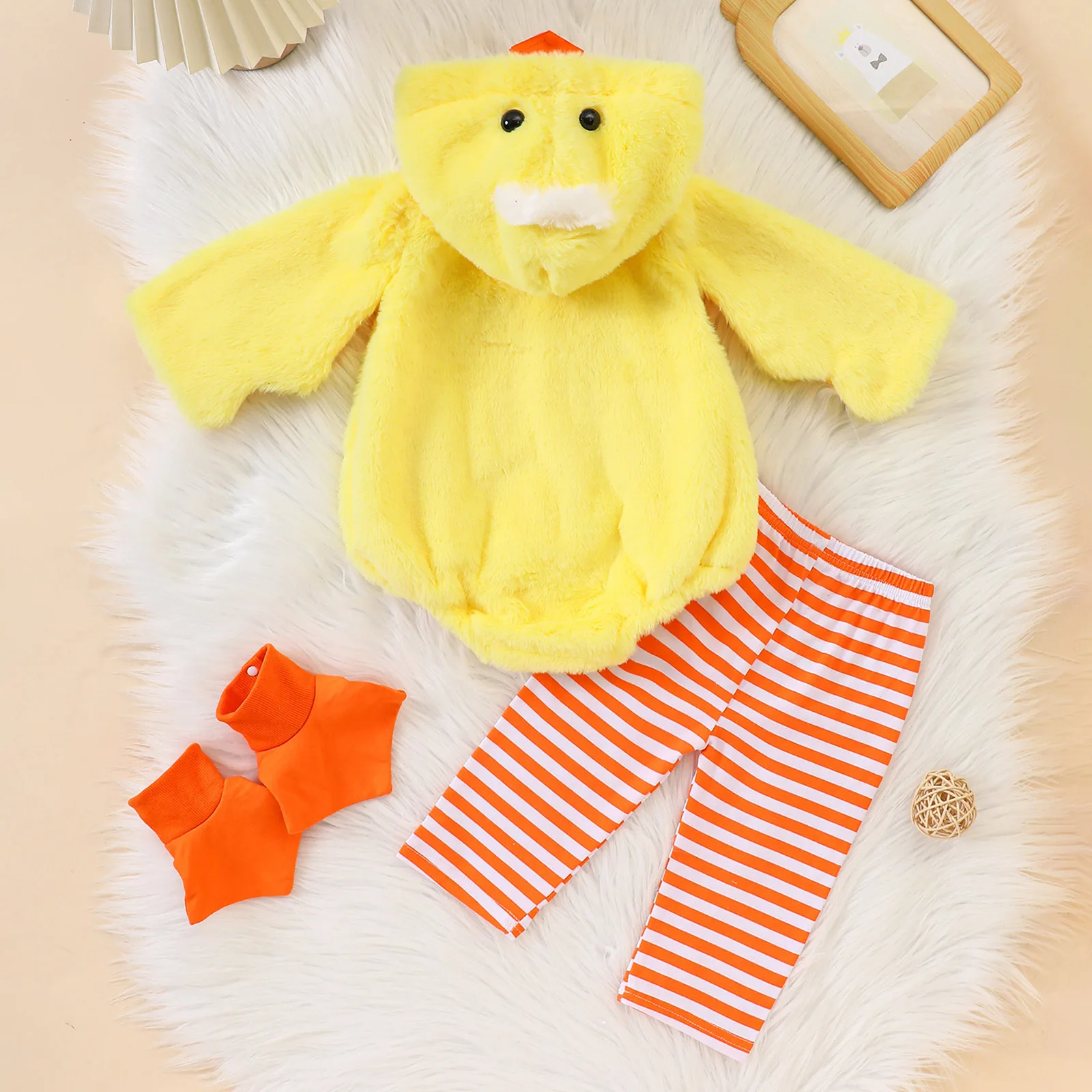 

Baby Halloween Thanksgiving Romper Set Cute Chicken Hooded Plush Bodysuit Striped Pants And Duck Flippers 3Pcs Toddler Clothing