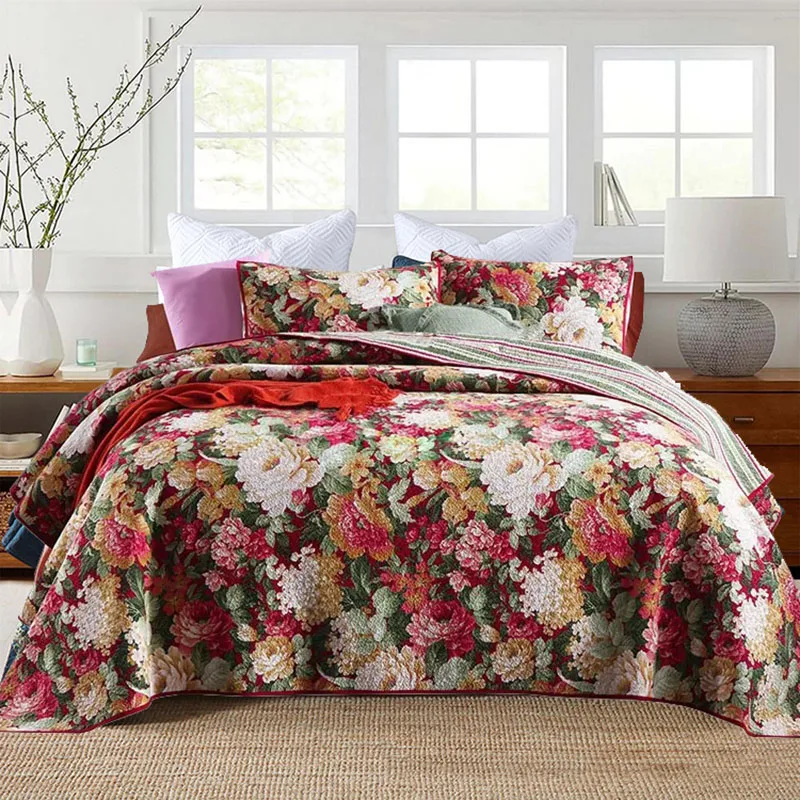 

Flowers Printed Cotton Quilt Set 3PCS Queen Size Bedspread with 2 Pillow Case Lightweight Breathable Summer Blanket for Bed